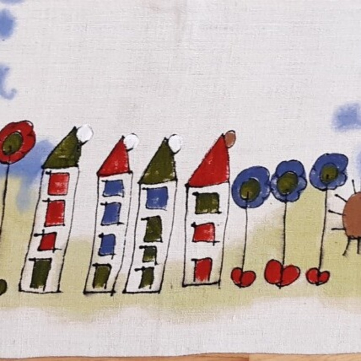 Bauernleinen Läufer mit Blumen und Häusern